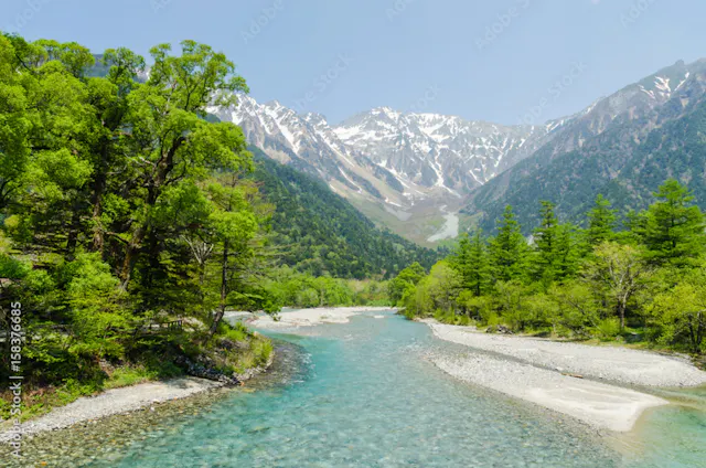 A clear river flows through a lush green valley, surrounded by trees, with snow-capped mountains in the background under a bright blue sky.