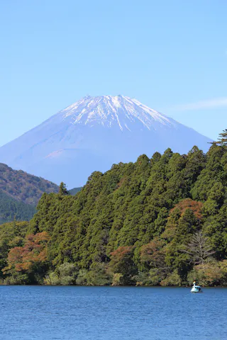 A snow-capped mountain rises in the background behind a forest of green trees and a calm blue lake, with a small boat visible on the water near the shore.