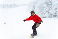 A person in a red jacket and black helmet is snowboarding down a snowy slope. The background is a winter landscape with snow-covered trees and distant figures on the slope. The person appears to be enjoying the ride.