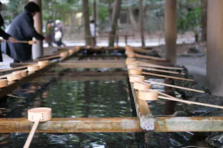 Wooden ladles rest on wooden beams above a shallow water basin in a tranquil outdoor setting, with people in the background. The scene appears to be a traditional Japanese purification area at a shrine.