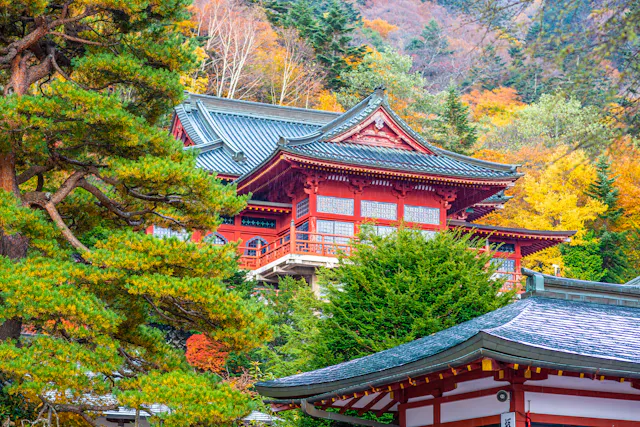 A traditional Japanese temple with red walls and ornate roofing stands among vibrant autumn trees with green, yellow, and orange foliage. Pine branches and part of another roof appear in the foreground.