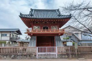 A traditional Japanese temple gate with ornate roof tiles, wooden carvings, and a red entrance, surrounded by residential buildings and bare trees under a cloudy sky.