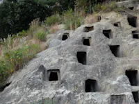 A rocky hillside with multiple square-shaped holes carved into its surface, surrounded by greenery and tall grasses.
