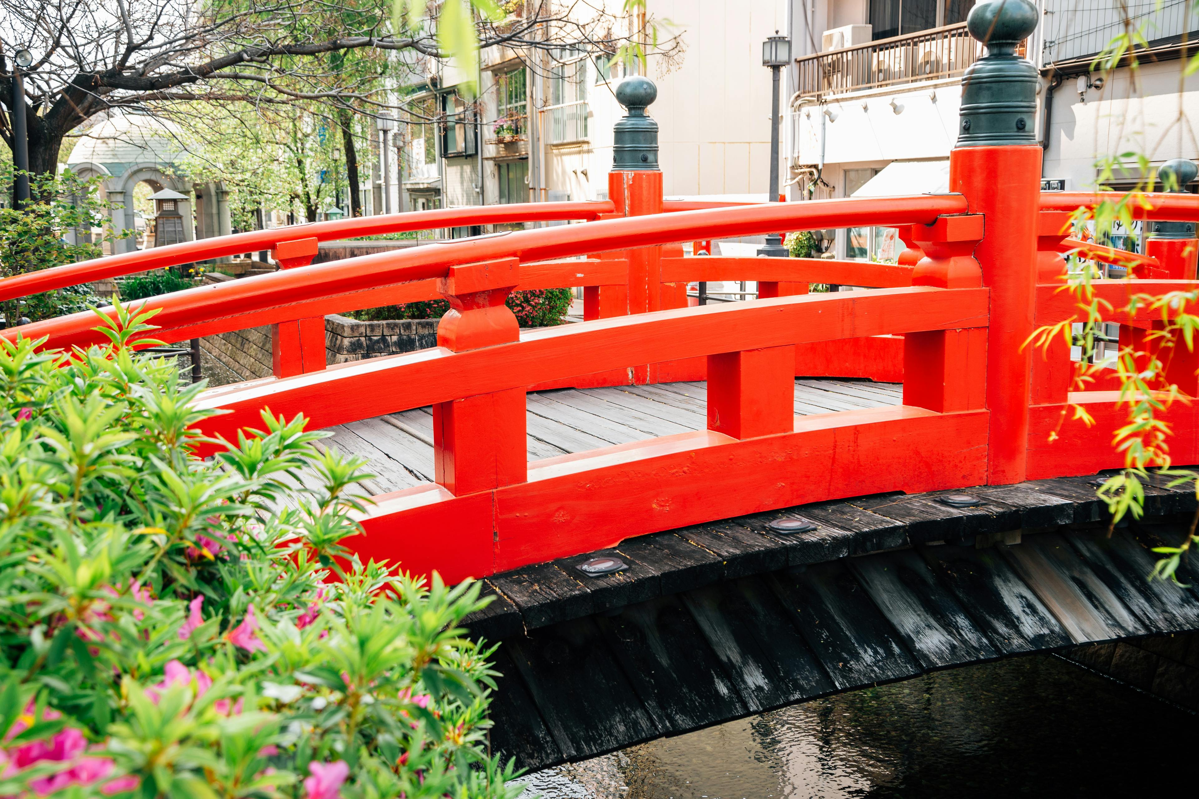 A vibrant red wooden bridge arches over a narrow stream, surrounded by green foliage and blooming flowers, with nearby buildings in the background under a bright, clear sky.
