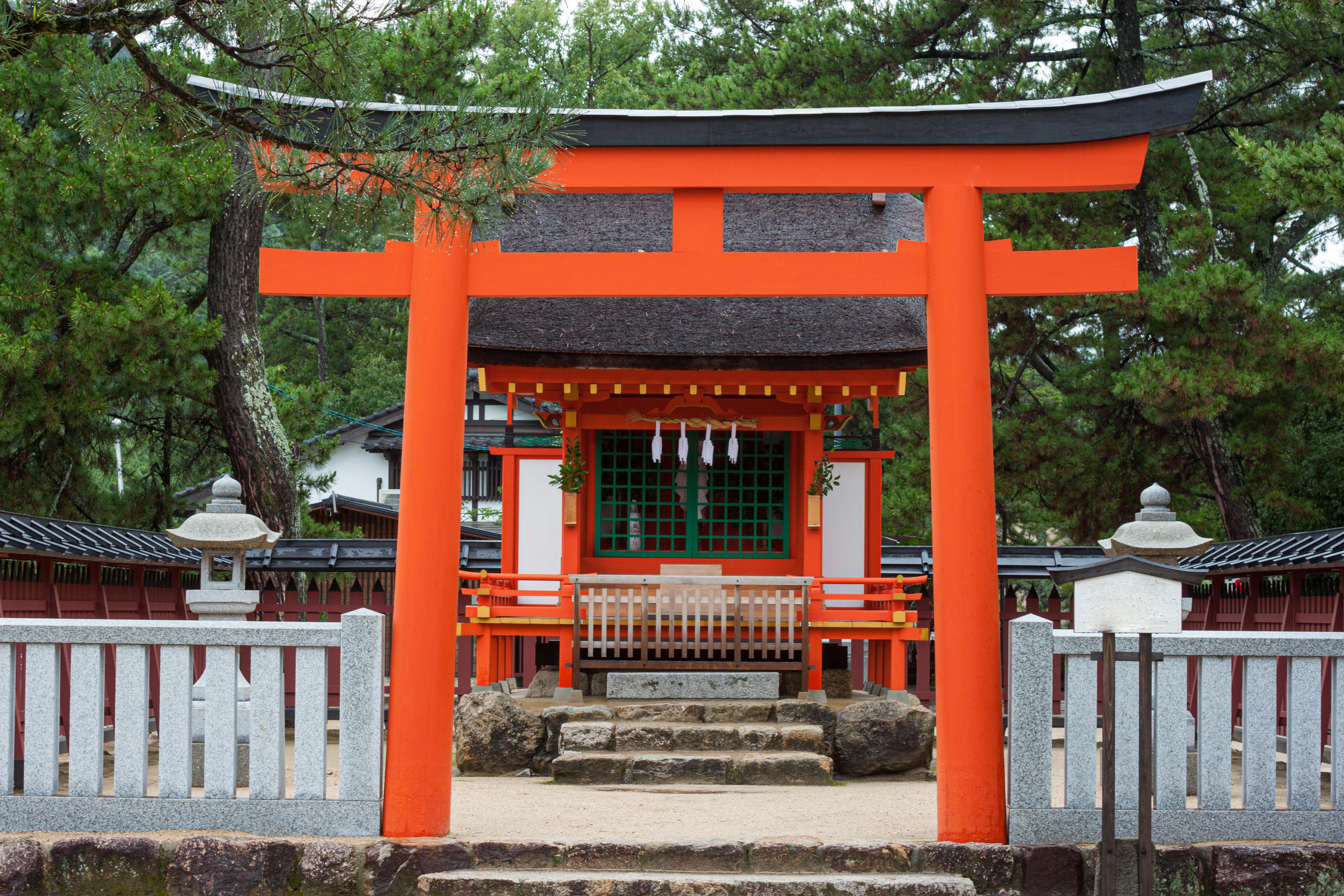 A bright red torii gate stands in front of a traditional Japanese shrine, surrounded by stone lanterns and a fenced courtyard, with green trees in the background.