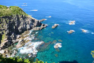 A rocky cliff covered in greenery overlooks clear blue ocean water with visible underwater rocks and gentle waves near the shore on a sunny day.