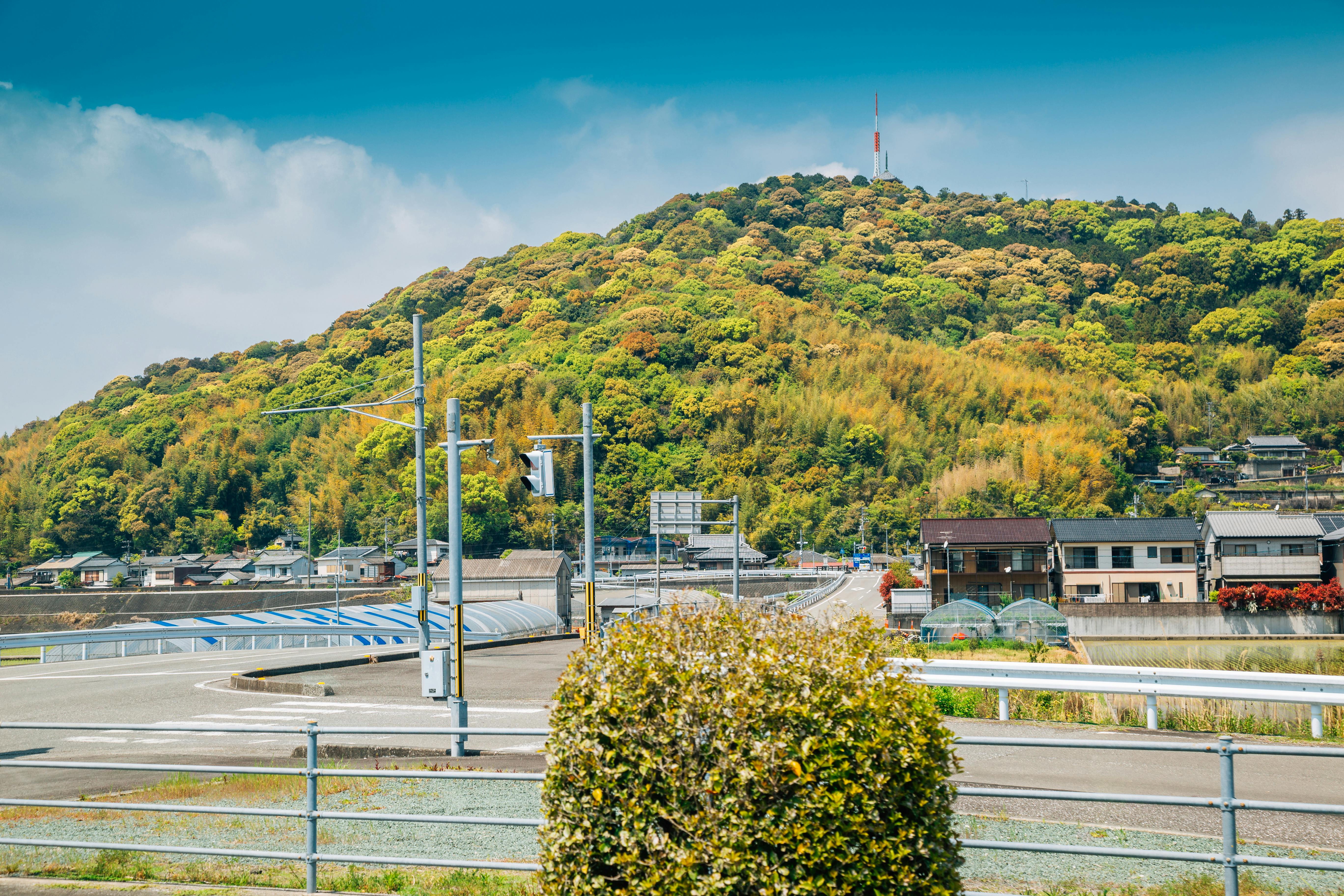 A scenic view of a quiet road curving past a bush, with traditional houses to the right and a lush, green forested hill rising in the background under a bright blue sky.