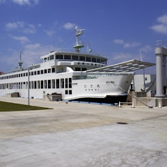 Port Miyanoura A large white ferry docked at a concrete pier under a partly cloudy sky, with a gangway extended for boarding and green grass visible on the left side.