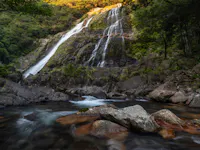 Water cascades down a rocky waterfall surrounded by lush green trees and vegetation, flowing into a stream with large rocks in the foreground. Sunlight gently illuminates the upper part of the scene.