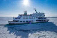 A large ferry filled with people travels through icy waters under a bright sun, breaking through floating ice sheets on a clear winter day.