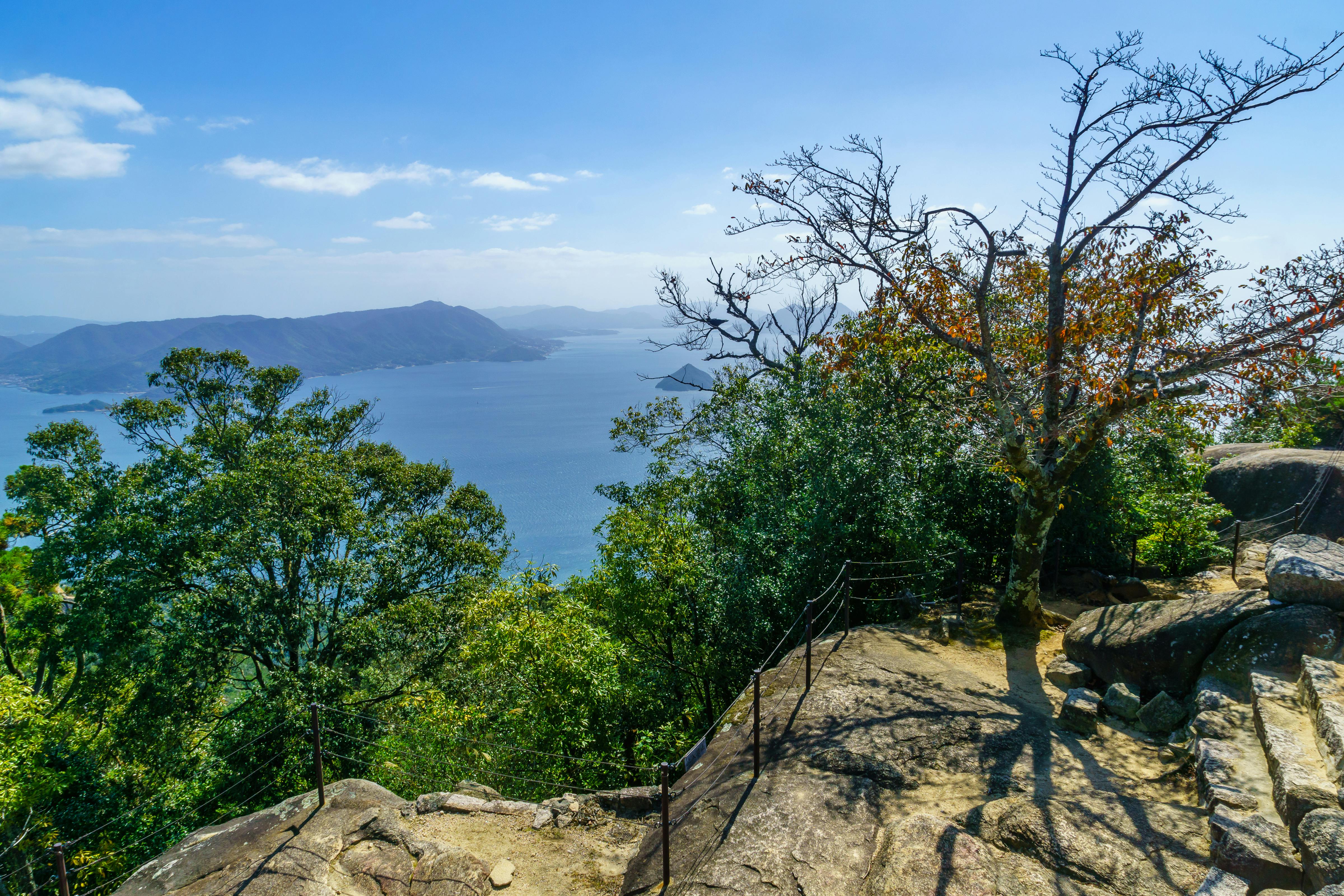 A scenic view from a rocky mountain lookout, with trees in the foreground and a vast blue lake or sea stretching to distant hills under a clear sky.