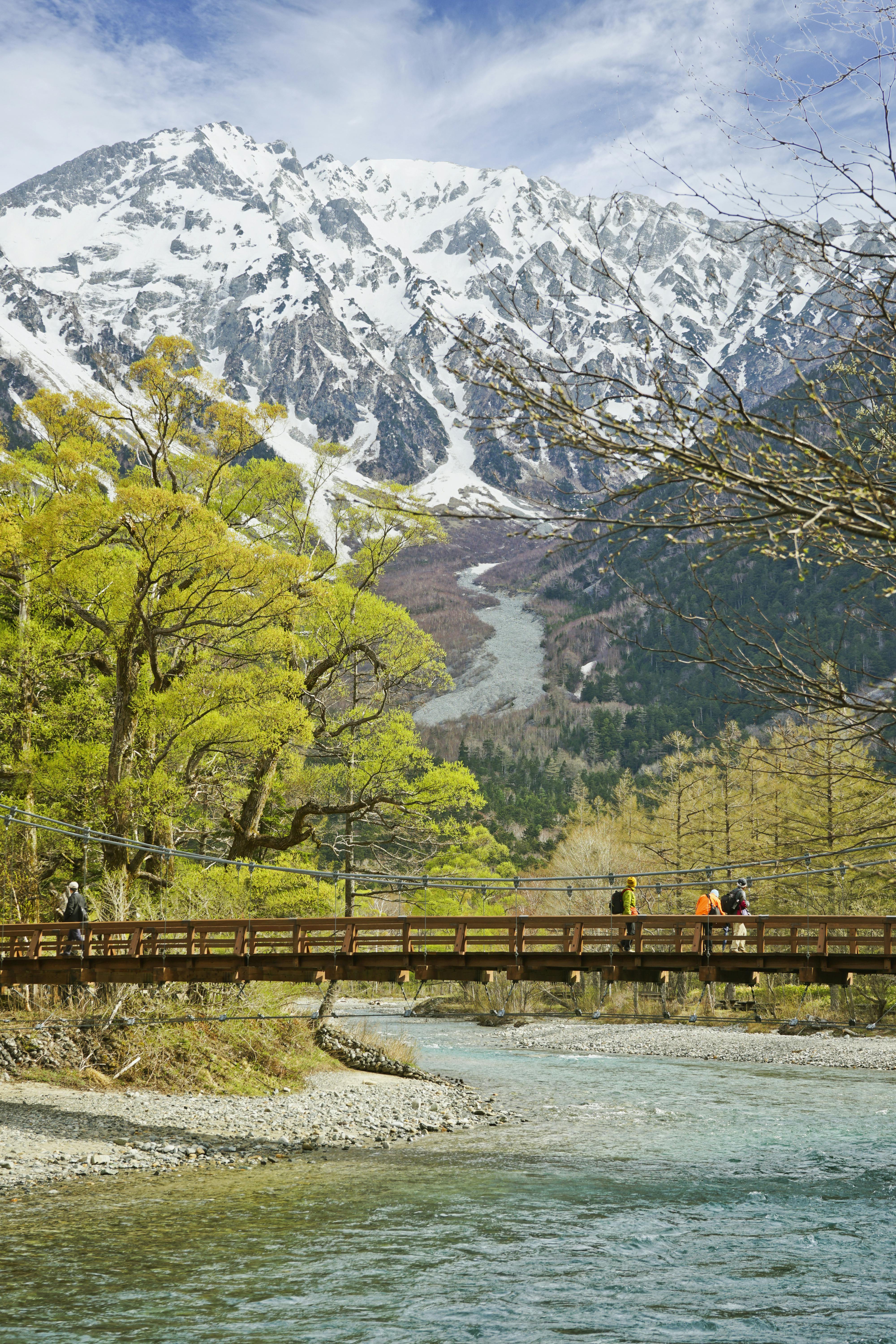 A wooden bridge crosses a clear river with people walking on it; behind them are green trees and tall snow-capped mountains under a partly cloudy sky.