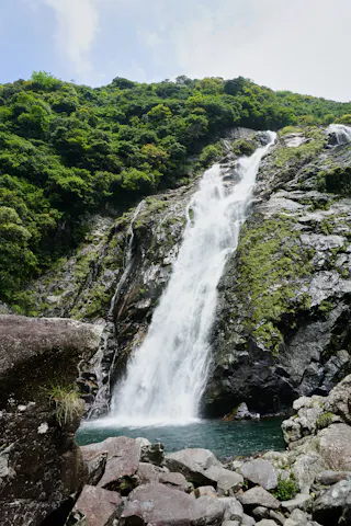 A tall waterfall cascades down a rocky cliff surrounded by lush green trees, with clear water pooling at the base and large rocks in the foreground.