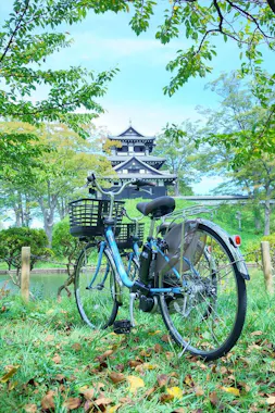 A blue bicycle with a black basket is parked on grass, surrounded by green trees. In the background, a traditional Japanese castle building is partially visible under a bright, blue sky.