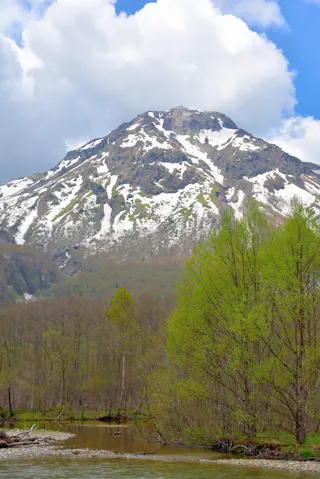 Snow-capped mountain under a partly cloudy sky, with green trees and a calm river in the foreground.
