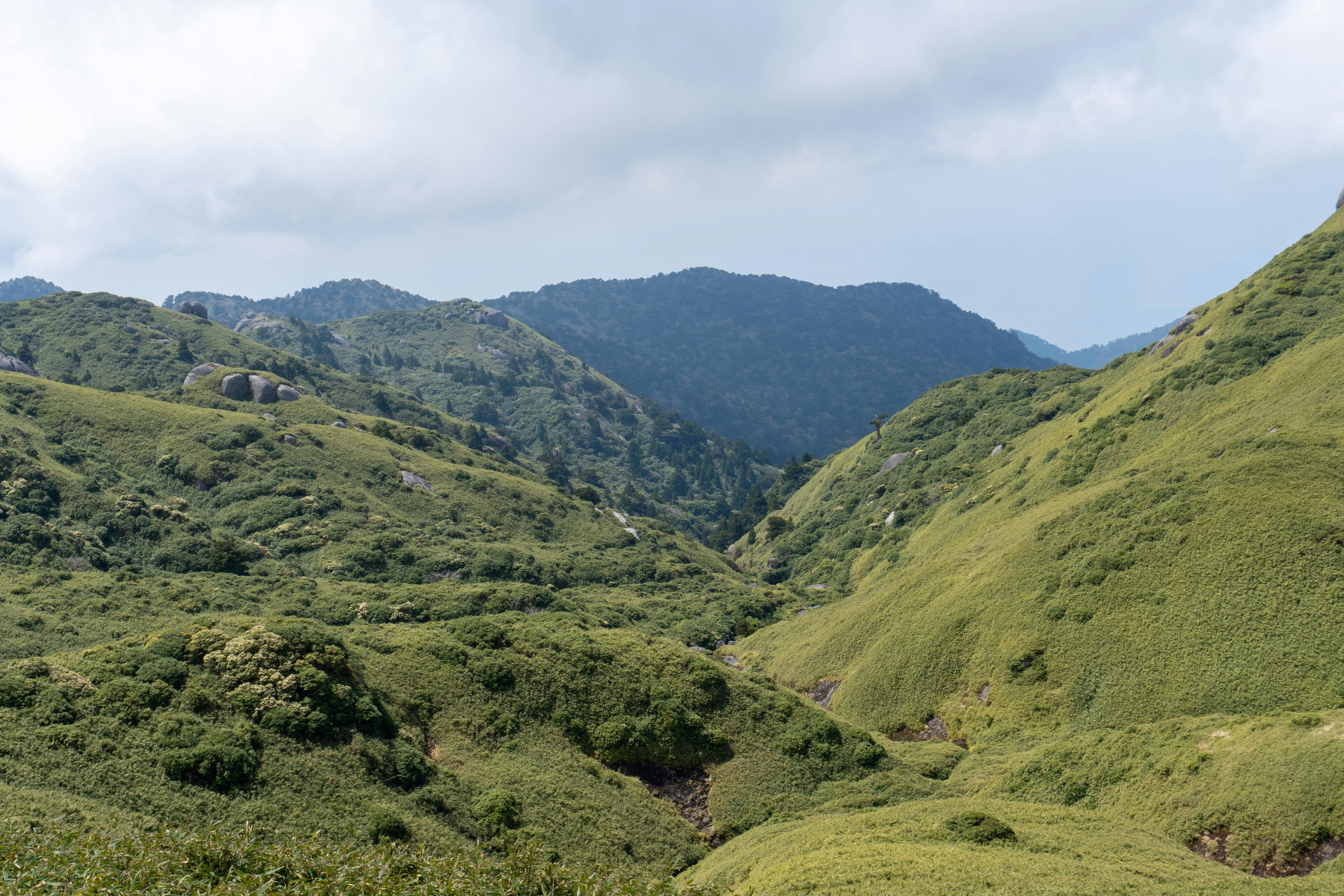 A scenic view of green, rolling hills and mountains covered with grass and shrubs under a cloudy sky.