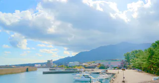 A bright, sunny harbor scene with boats docked along a calm waterfront, buildings and trees in the background, and a mountain range under a partly cloudy blue sky.