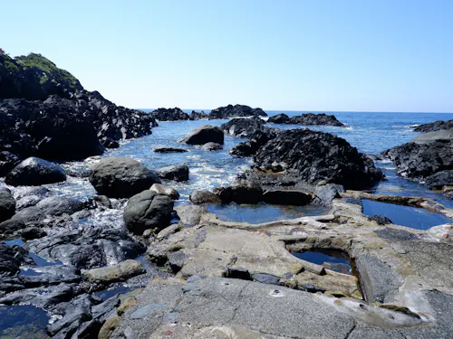 Hirauchi Kaichu Onsen Rocky shoreline with large dark rocks and small tidal pools, leading out to a calm blue sea under a clear, bright sky. Sparse greenery grows on a hill to the left.