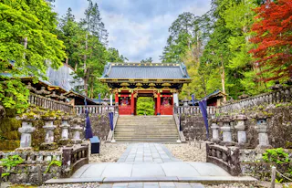 A traditional Japanese temple gate with ornate decorations stands at the top of stone steps, surrounded by stone lanterns and lush green and red trees under a partly cloudy sky.