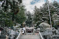Stone steps lead up to a traditional Japanese shrine surrounded by tall trees dusted with snow. Lion-dog statues guard the entrance, and paper lanterns hang near a wooden torii gate under a partly cloudy sky.