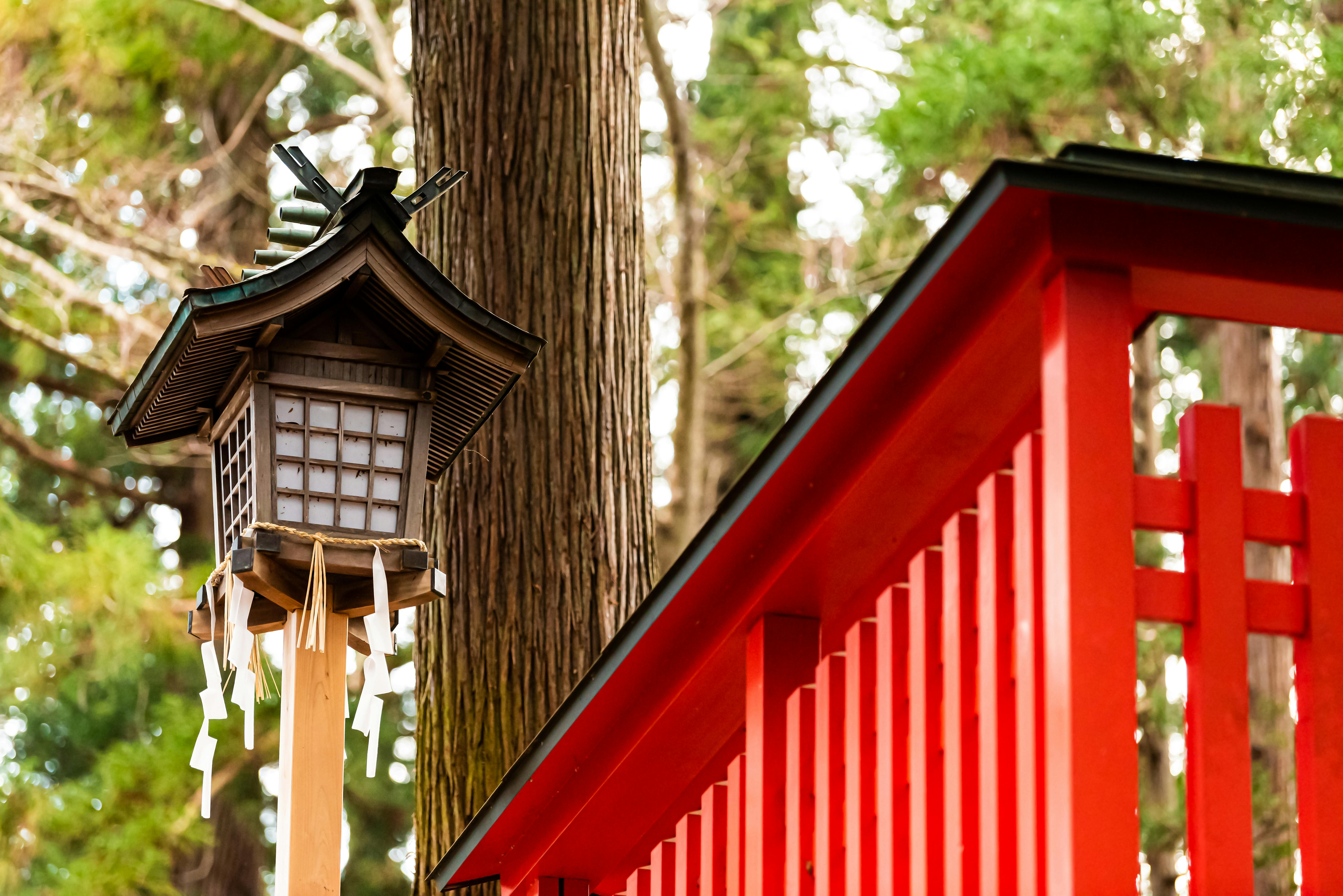 A traditional wooden lantern stands next to a bright red fence in a forest, with tall trees and green foliage in the background.