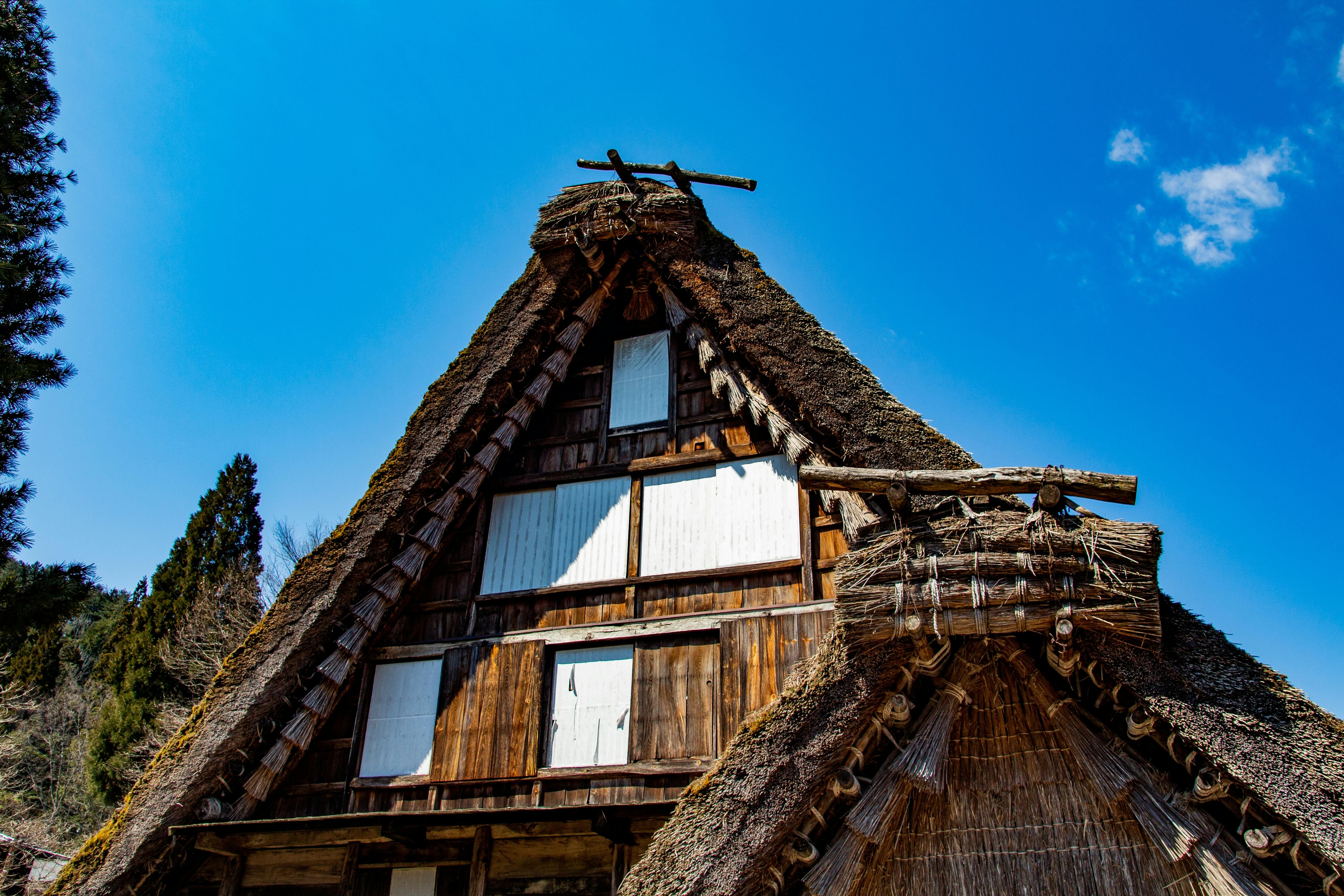 A traditional Japanese thatched-roof house with steep, triangular gables stands against a clear blue sky, surrounded by trees. The wood and straw structure shows white window coverings and rustic details.