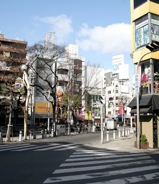 A city street with crosswalks, shops, and colorful signs. Leafless trees line the sidewalks, and buildings of various heights are visible under a partly cloudy sky. Few pedestrians are present.
