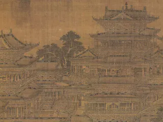 Detailed ink painting of ancient Chinese architecture, showing layered wooden buildings with ornate roofs, balconies, and a tree among the structures. The artwork has a faded, sepia-toned appearance.