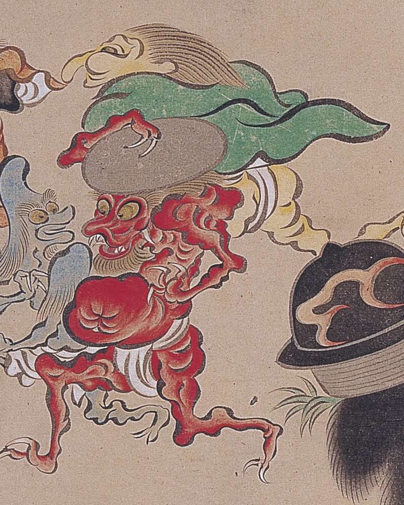 A red, skeletal, yokai-like creature with bulging yellow eyes and a large green and brown hat, depicted in a traditional Japanese art style against a beige background. Other ghostly figures are partially visible nearby.