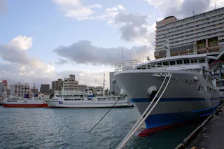 Three large ferries are docked at a city harbor, with tall buildings and a cloudy sky in the background. The scene shows ropes securing the ships to the pier and calm water in the foreground.