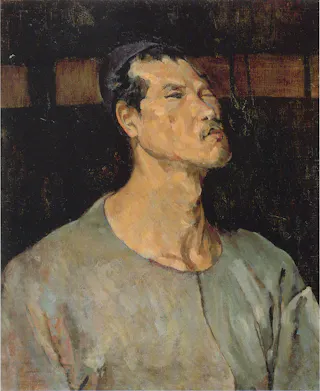 A painted portrait of a man with short dark hair, wearing a loose, plain garment. He is facing slightly to the right with his chin lifted, eyes half-closed, and a solemn expression, set against a dark, simple background.