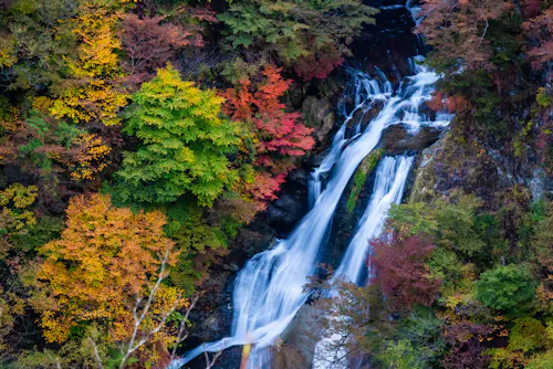 A waterfall cascades down rocks surrounded by vibrant autumn foliage in shades of green, yellow, orange, and red.