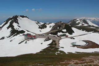Snow-covered mountains with buildings and roads nestled in a valley, a small partially frozen pond to the right, and patches of green vegetation visible among the snow under a clear blue sky.