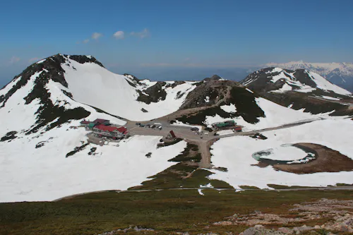 Snow-covered mountains with buildings and roads nestled in a valley, a small partially frozen pond to the right, and patches of green vegetation visible among the snow under a clear blue sky.