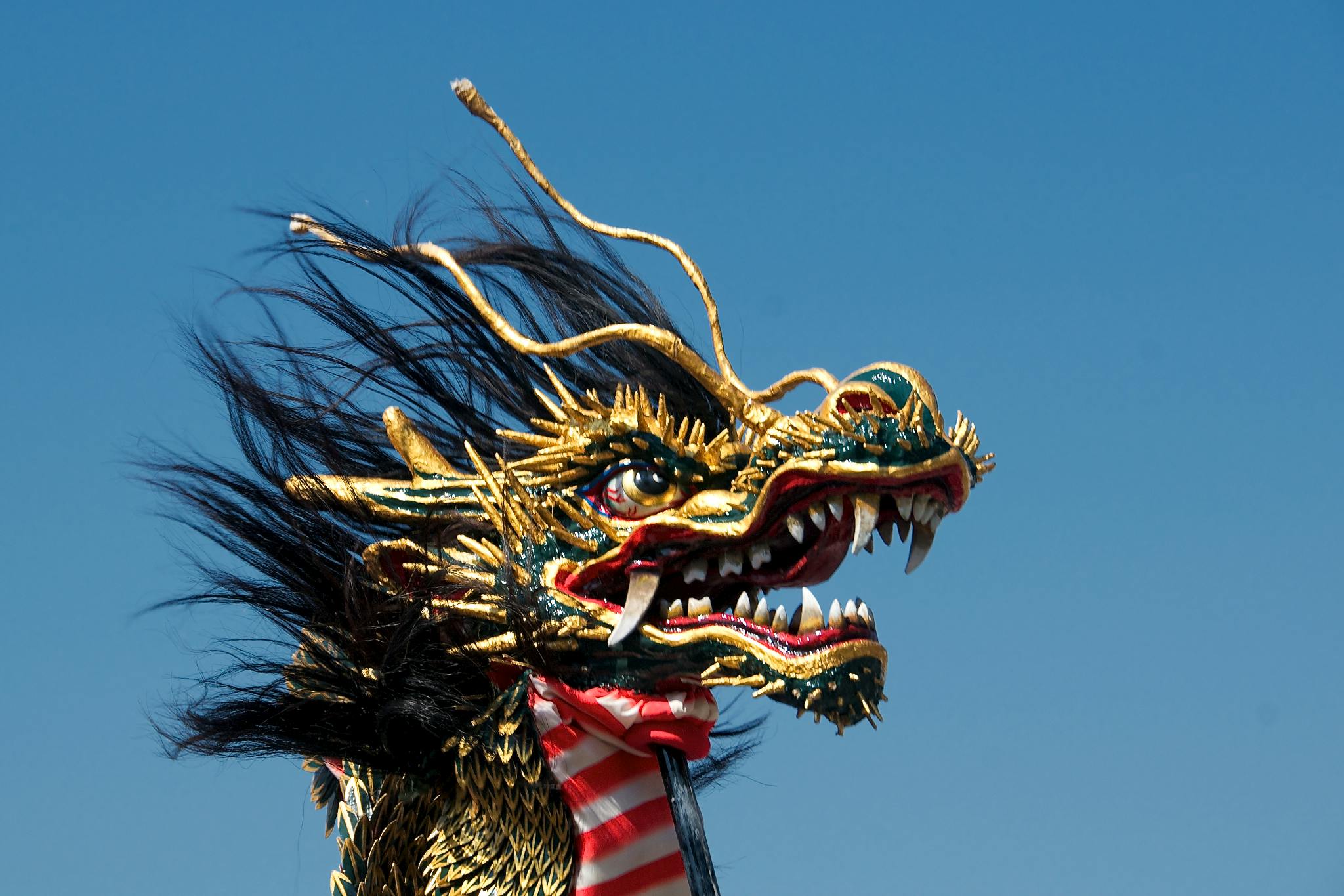 Close-up of an ornate, colorful Chinese dragon head with gold, red, and green details, black mane, and sharp teeth against a clear blue sky. The dragon is part of a traditional costume or parade figure.