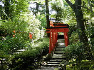 Stone steps lead up through a series of red torii gates surrounded by lush green trees and foliage in a peaceful Japanese garden setting. Sunlight filters through the leaves, casting dappled shadows on the path.