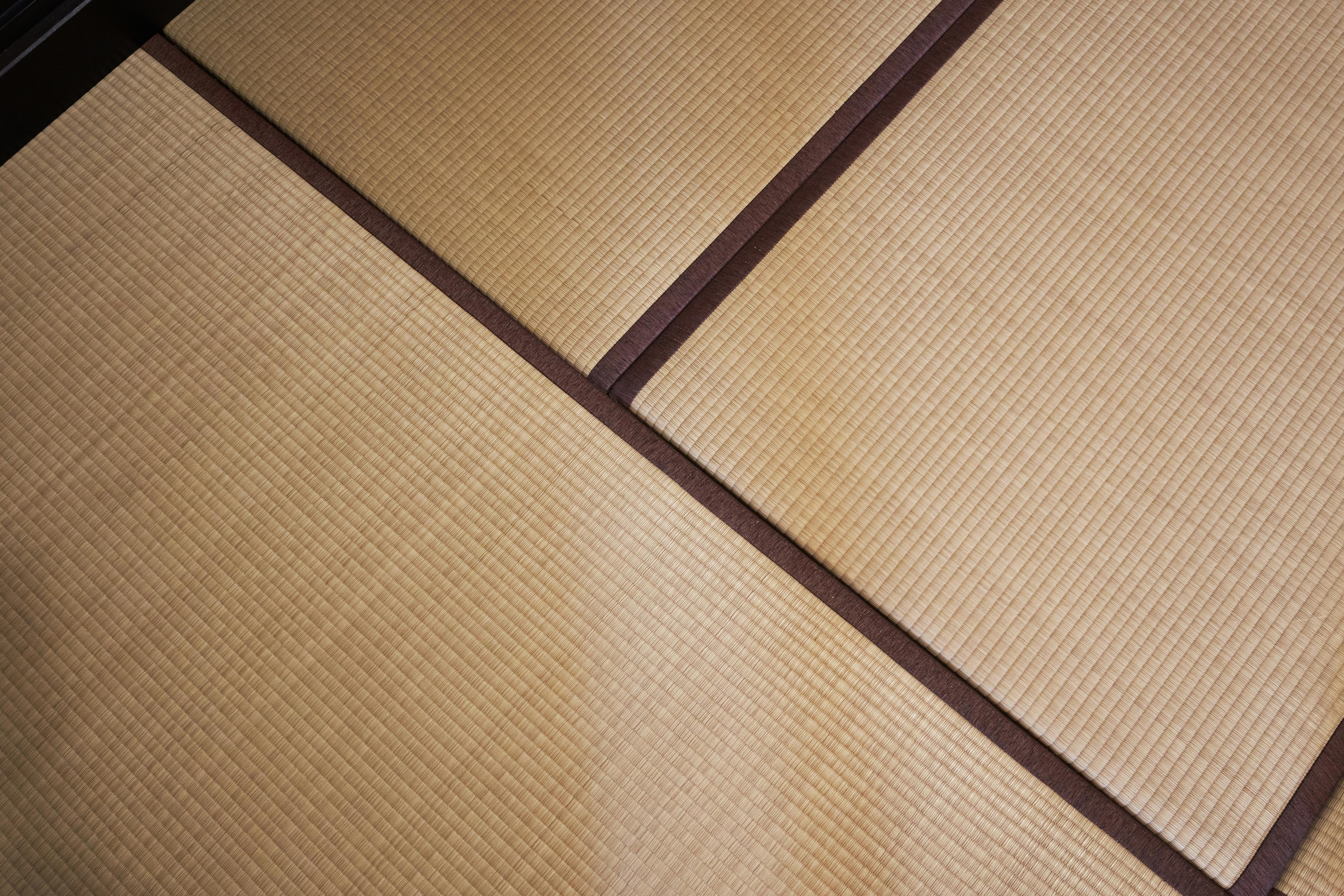 Close-up view of traditional Japanese tatami mats arranged side by side, showing their woven straw texture and dark brown fabric borders.