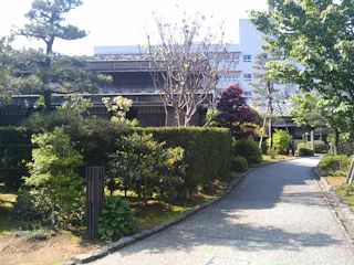 A gravel pathway curves past trimmed hedges, trees, and shrubs in a sunlit Japanese garden, with a traditional wooden building and a modern white building visible in the background.