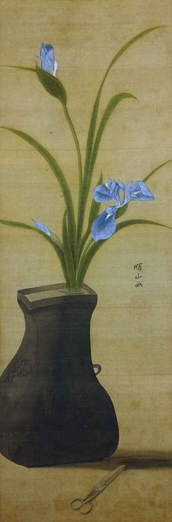 A tall black vase holds long green leaves and delicate blue irises, with scissors resting beside the vase on a tan surface, all set against a muted gold background.