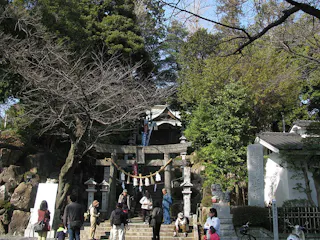 People walk up stone steps toward a traditional Japanese shrine surrounded by trees. Some visitors are standing, while others sit or talk near the entrance decorated with paper streamers.