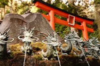 Stone dragon statues with open mouths spout water in front of a mossy rock and a bright red torii gate, surrounded by lush green forest.