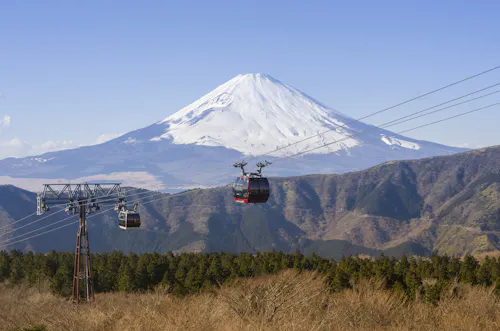 Two cable cars travel above a forested area with Mount Fuji, partially covered in snow, towering in the background under a clear blue sky.