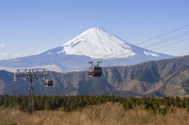 Two cable cars travel above a forested area with Mount Fuji, partially covered in snow, towering in the background under a clear blue sky.