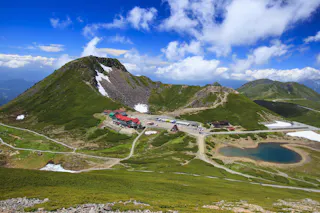 A scenic mountain landscape with green slopes, a clear pond, and a cluster of red-roofed buildings near a parking area under a partly cloudy blue sky. Snow patches are visible on the peaks and around the pond.