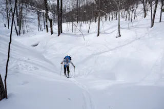 A person with a backpack is hiking uphill through deep snow in a forest of leafless trees, using trekking poles. The snow is untouched except for a few tracks and the sky is overcast.