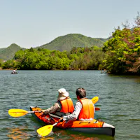 Kayaking Two people wearing orange life jackets paddle a kayak on a calm lake surrounded by lush green trees and distant hills under a clear sky.