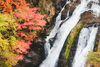 A waterfall cascades over rocks beside vibrant autumn foliage, with red, orange, and green leaves creating a colorful contrast to the flowing white water.