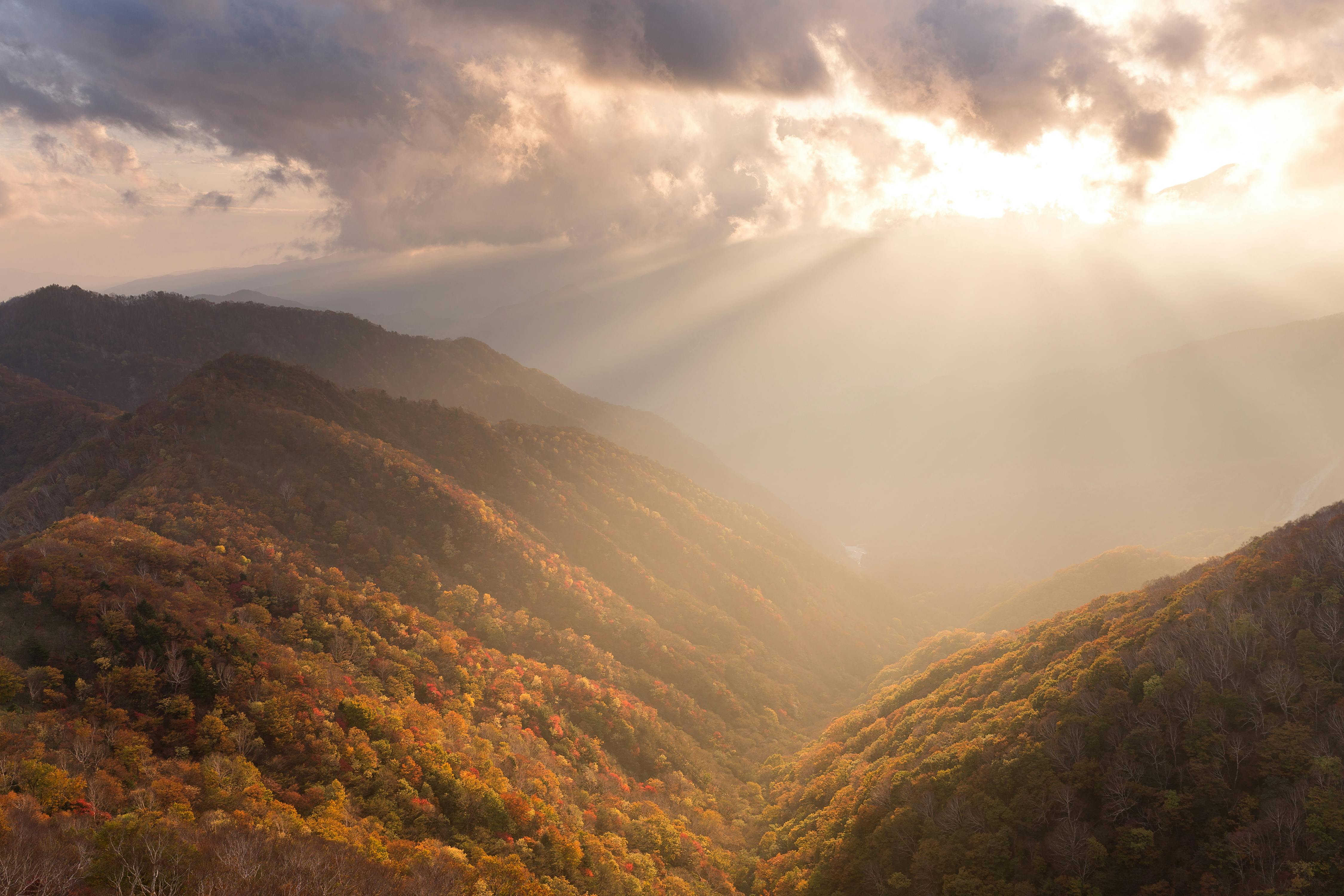 Sunlight streams through clouds, casting warm rays over rolling forested hills covered in autumn foliage, with shades of orange, yellow, and green visible in the landscape below.