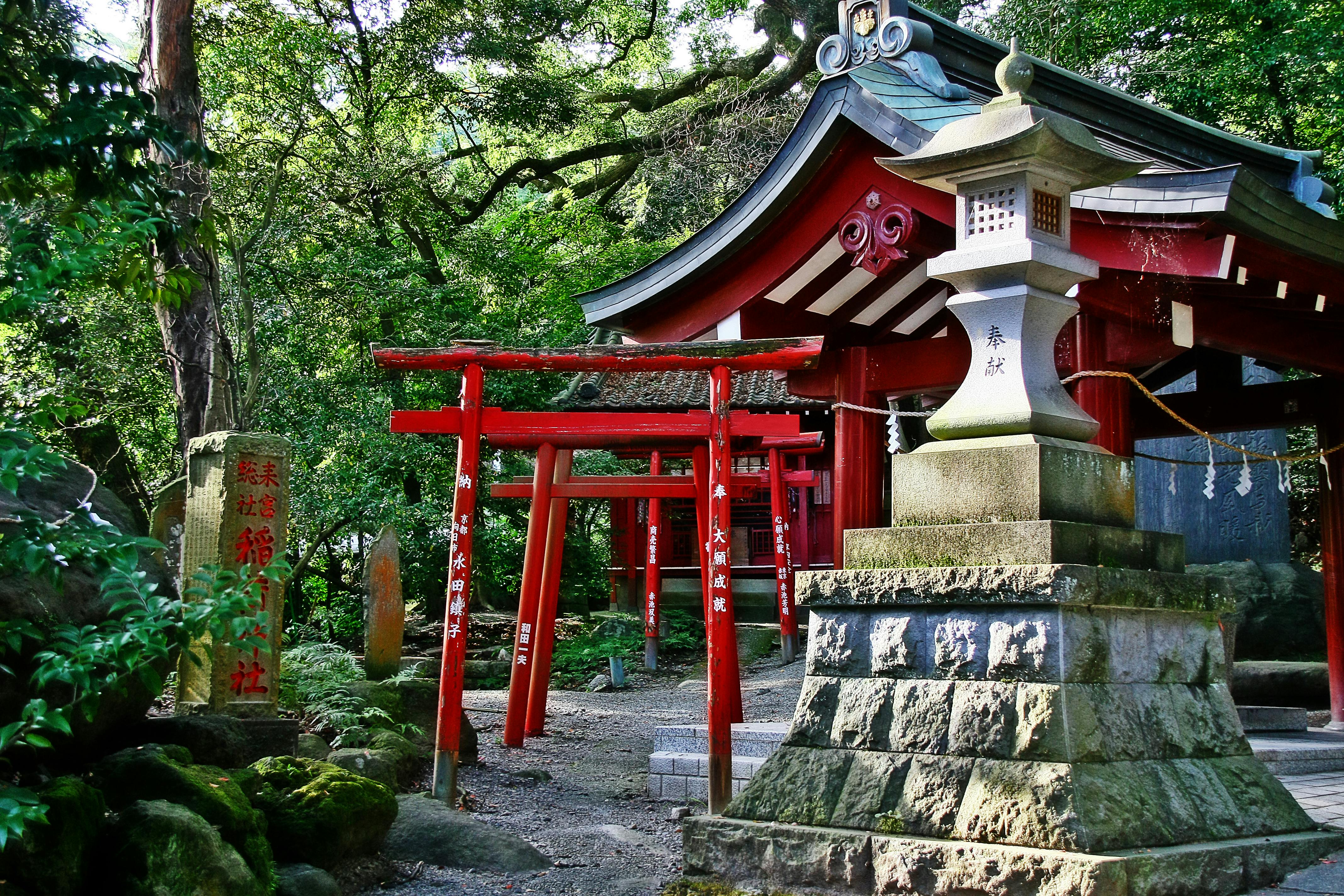 A traditional Japanese shrine with a red torii gate, stone lantern, and lush green trees surrounding the entrance. The shrine building is red and partially visible in the background.