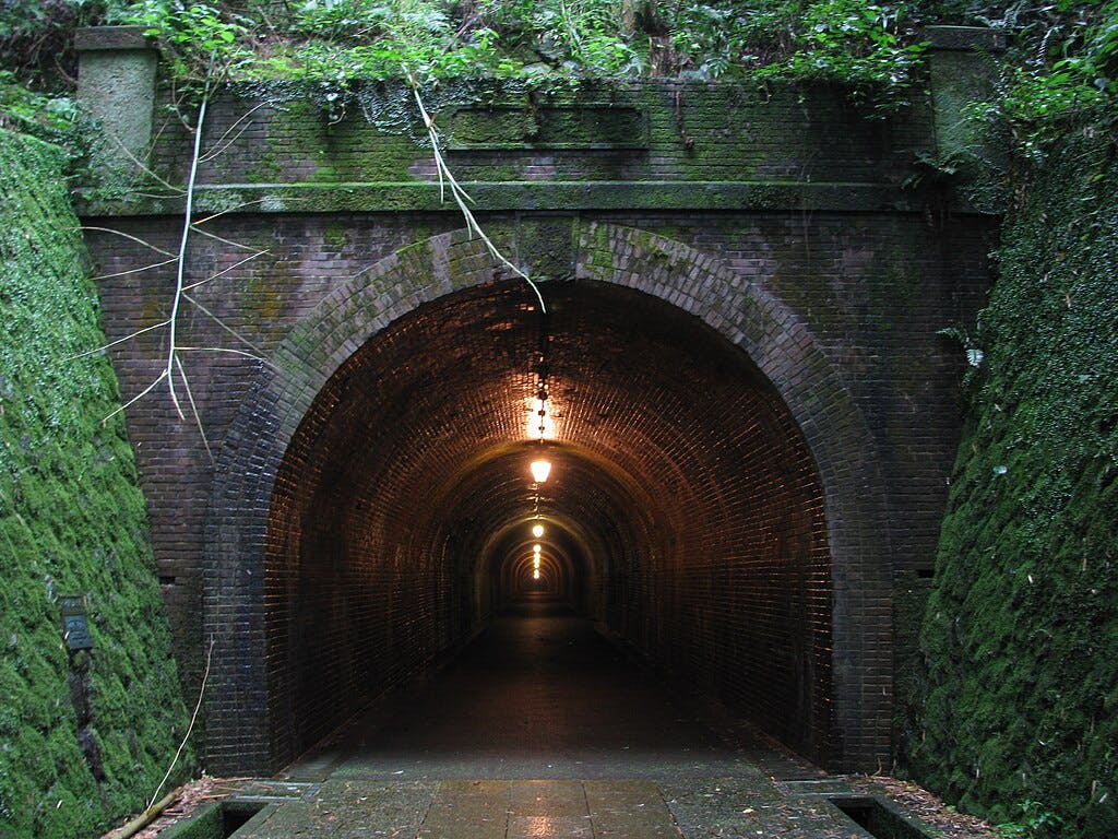 A dimly lit brick tunnel with arched entrance, surrounded by moss-covered stone walls and greenery, extends into the distance with hanging lights illuminating its interior.